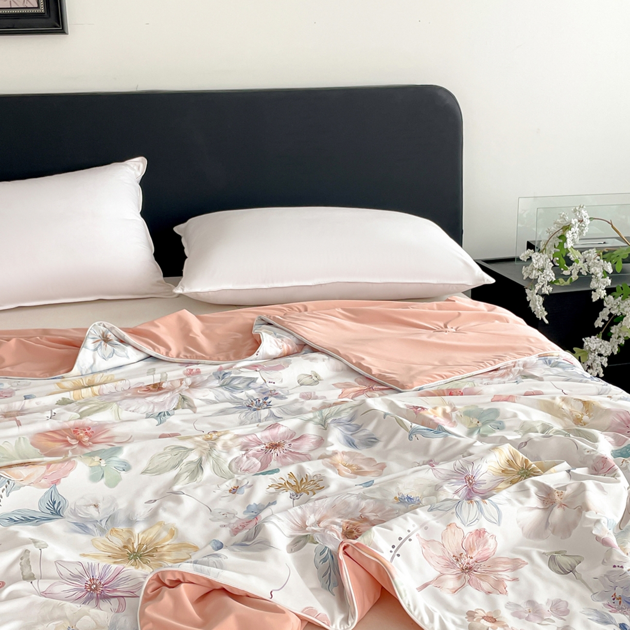 91家纺网 家纺一手货源 找家纺 鑫贝阳 2026新款锦氨凉感丝夏被 玫瑰庄园白