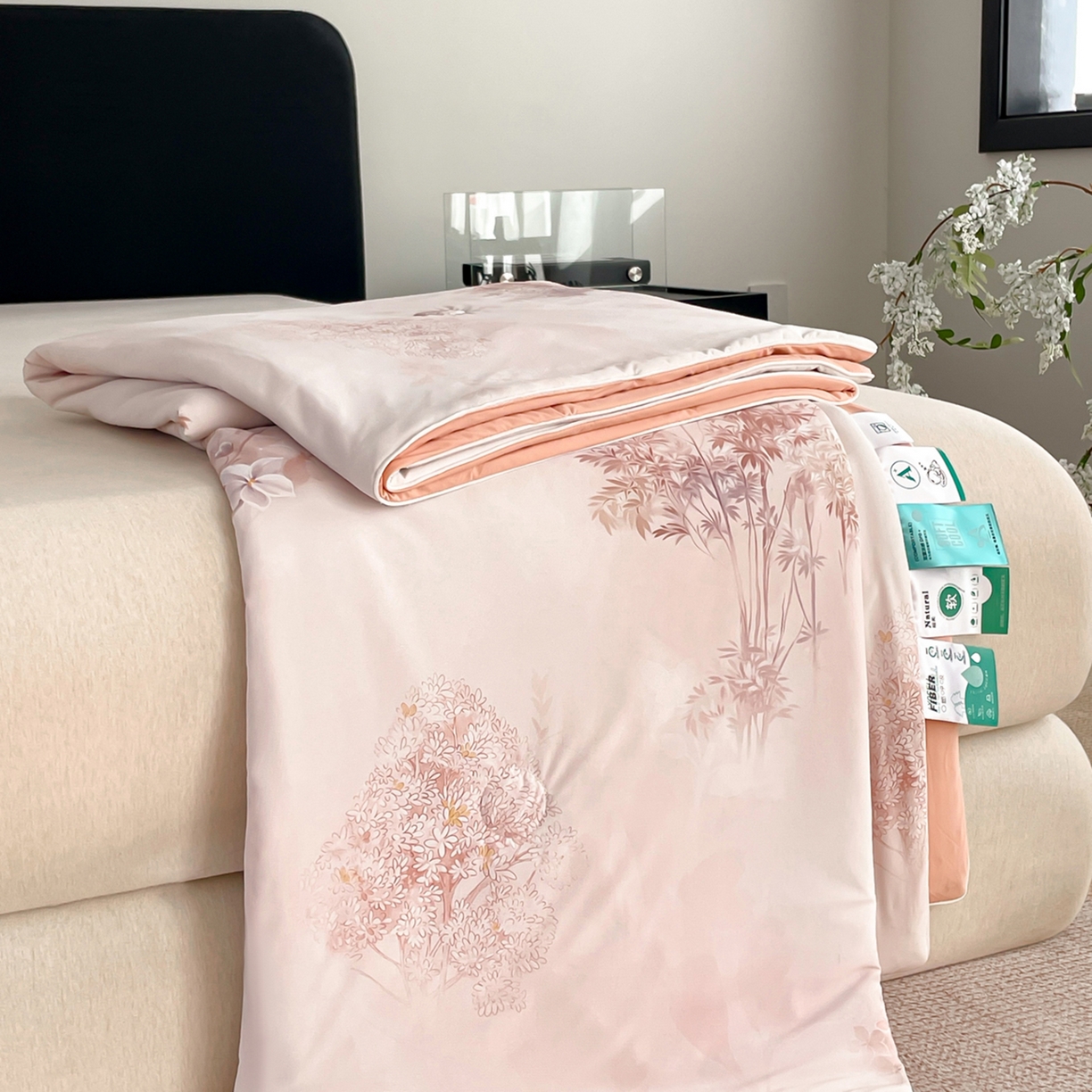 91家纺网 家纺一手货源 找家纺 鑫贝阳 2026新款锦氨凉感丝夏被 丛林晓梦粉