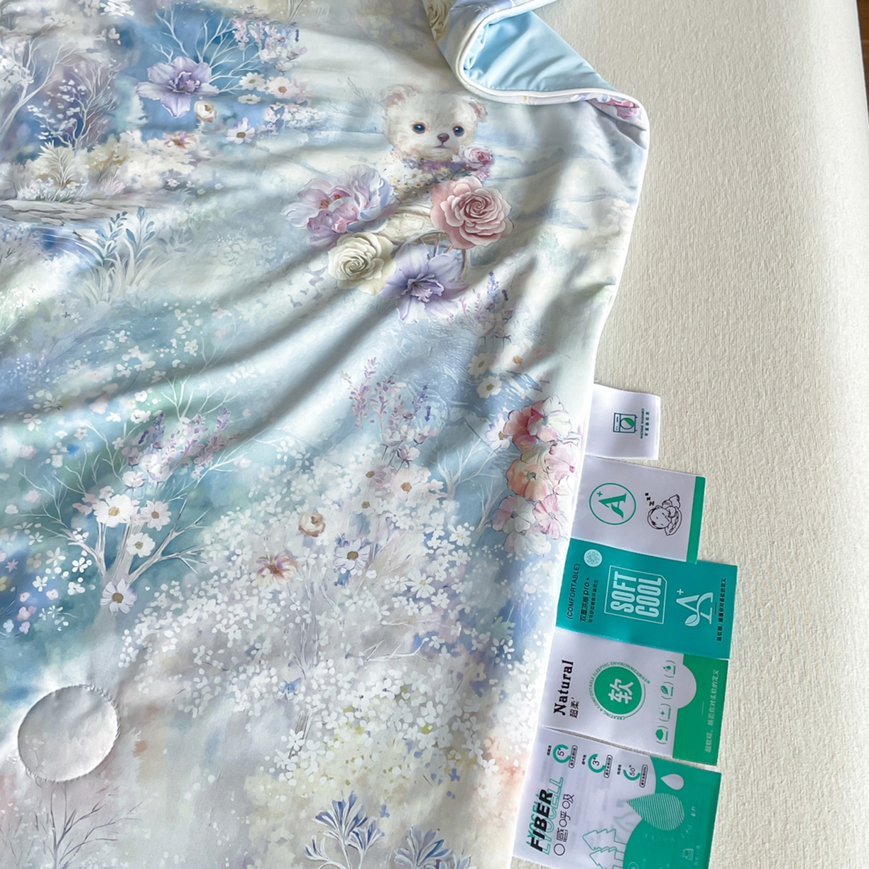 91家纺网 家纺一手货源 找家纺 鑫贝阳 2026新款锦氨凉感丝夏被 花园兔-蓝