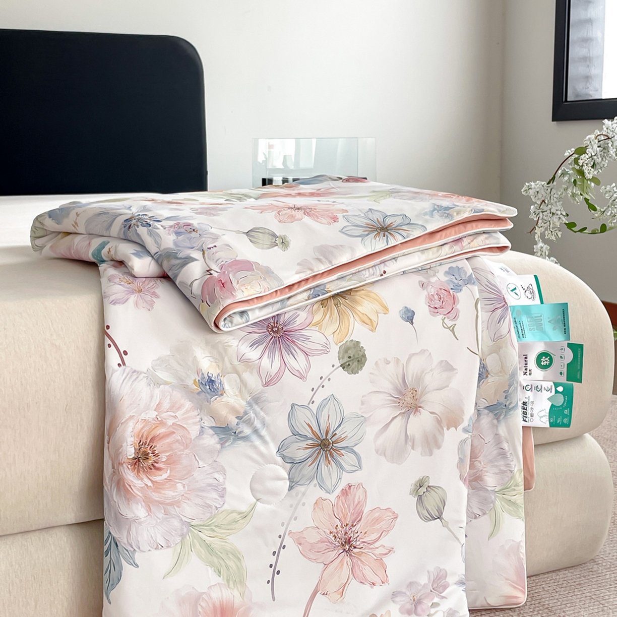 91家纺网 家纺一手货源 找家纺 鑫贝阳 2026新款锦氨凉感丝夏被 玫瑰庄园白