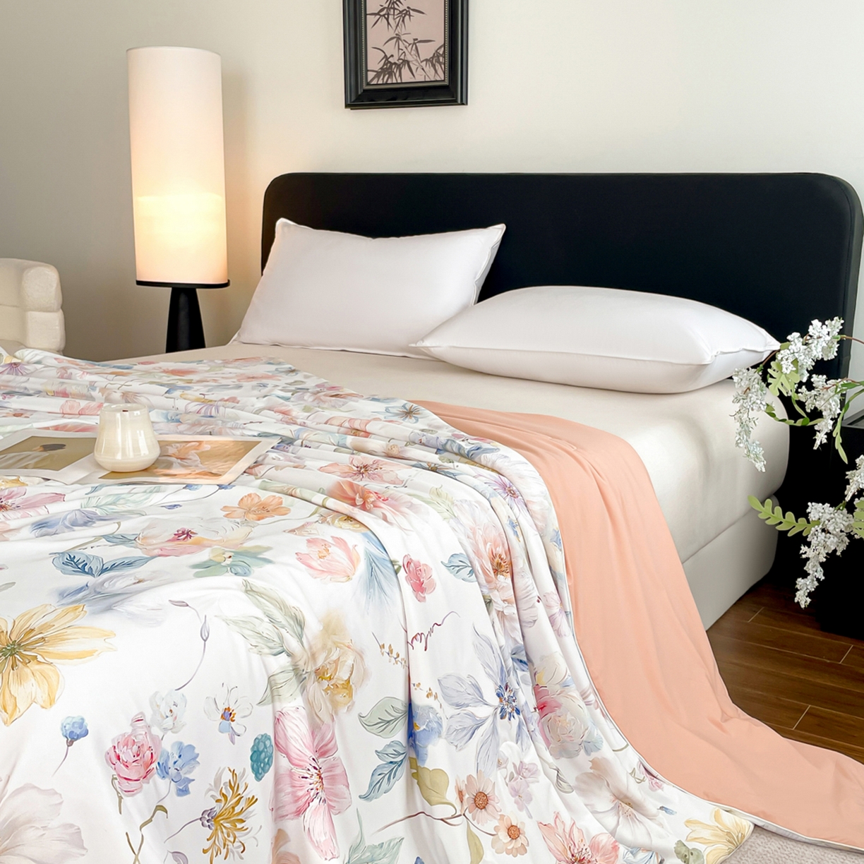 91家纺网 家纺一手货源 找家纺 鑫贝阳 2026新款锦氨凉感丝夏被 玫瑰庄园白