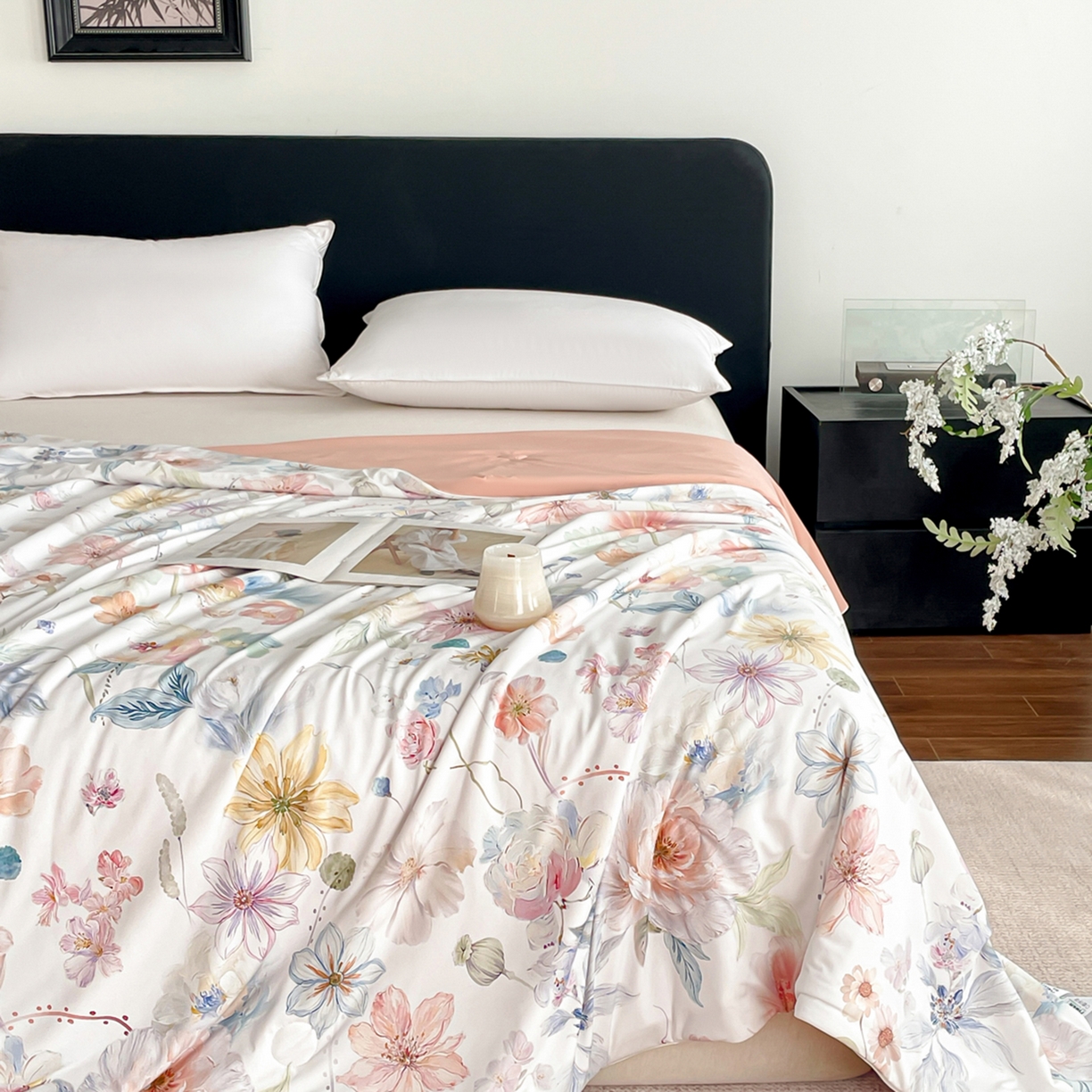 91家纺网 家纺一手货源 找家纺 鑫贝阳 2026新款锦氨凉感丝夏被 玫瑰庄园白