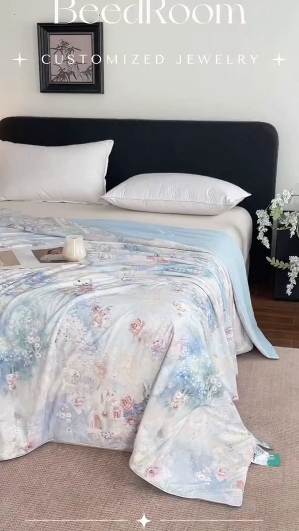 91家纺网 家纺一手货源 找家纺 鑫贝阳 2026新款锦氨凉感丝夏被 花园兔-蓝