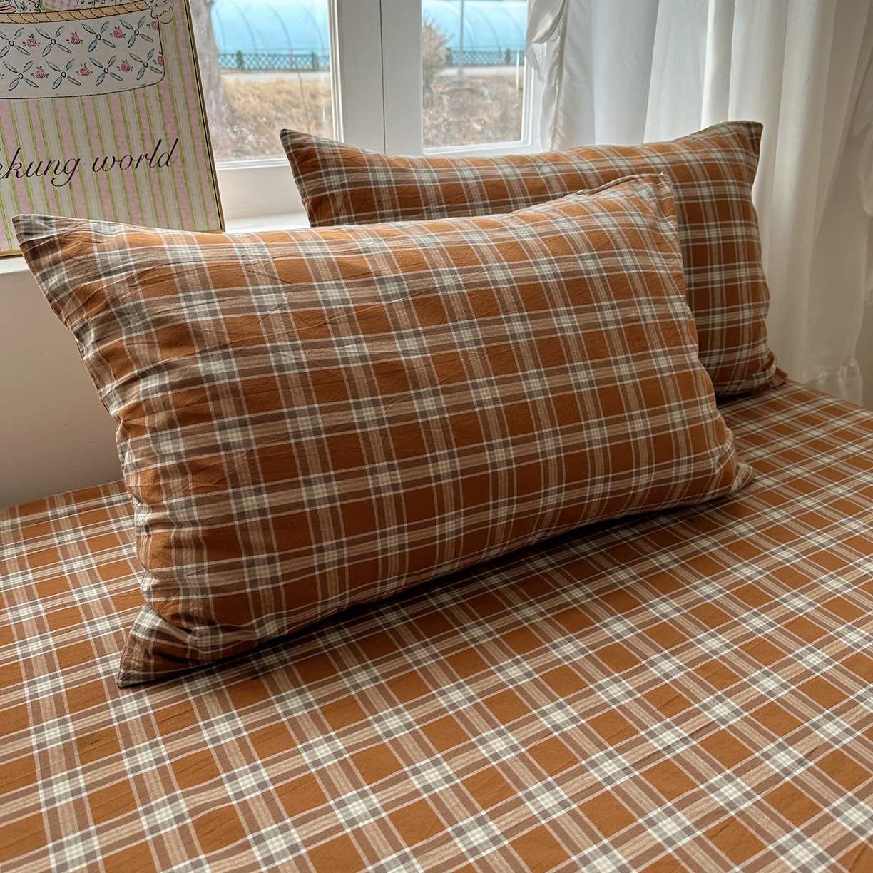 91家纺网 家纺一手货源 找家纺 六巷胡同 2026新款A类全棉纯棉水洗棉色织格子单品枕套 枕套单件 川奈-咖格