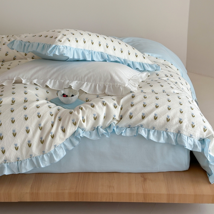 玛奇朵 2026新款全棉缎纹色织提花四件套-漫天花海 会员-10/基础控价 小号328标准368加大388 漫天花海-蓝