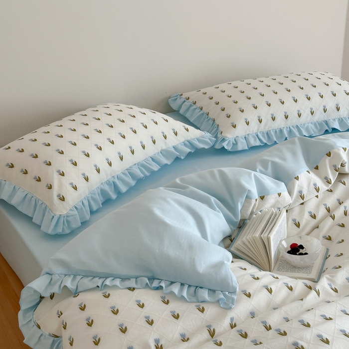 91家纺网 家纺一手货源 找家纺 玛奇朵 2026新款全棉缎纹色织提花四件套-漫天花海 会员-10/基础控价 小号328标准368加大388 漫天花海-蓝