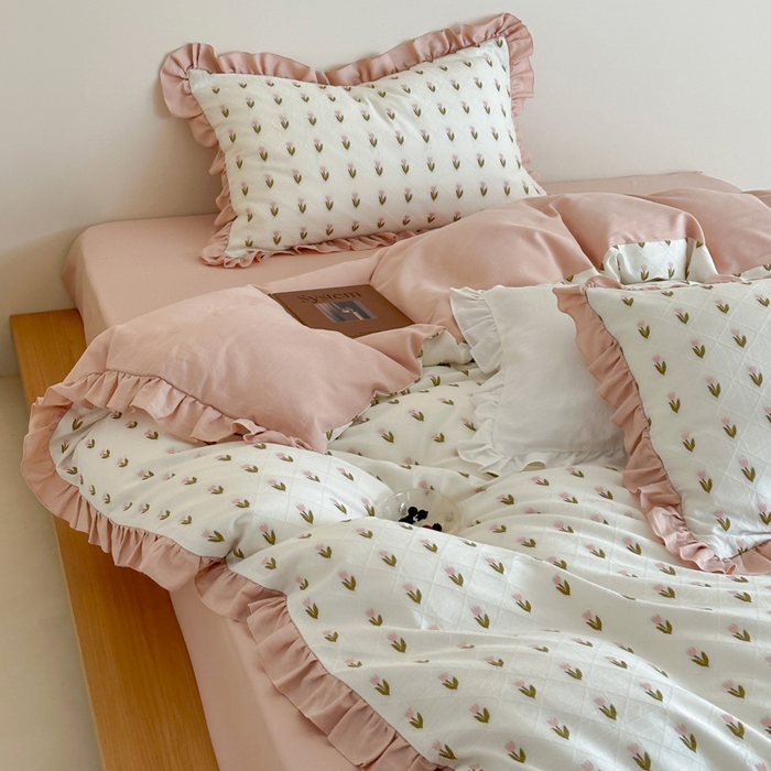 91家纺网 家纺一手货源 找家纺 玛奇朵 2026新款全棉缎纹色织提花四件套-漫天花海 会员-10/基础控价 小号328标准368加大388 漫天花海-粉