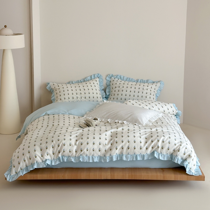 91家纺网 家纺一手货源 找家纺 玛奇朵 2026新款全棉缎纹色织提花四件套-漫天花海 会员-10/基础控价 小号328标准368加大388 漫天花海-蓝