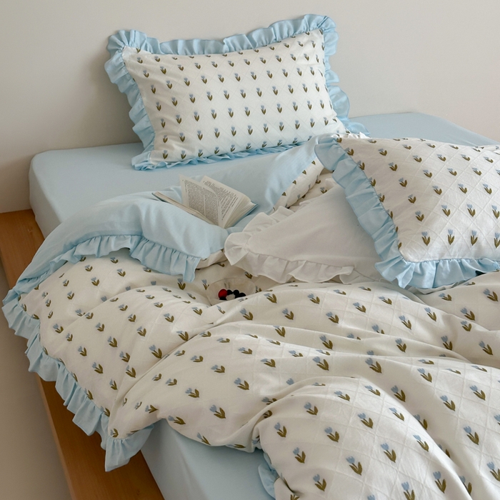 91家纺网 家纺一手货源 找家纺 玛奇朵 2026新款全棉缎纹色织提花四件套-漫天花海 会员-10/基础控价 小号328标准368加大388 漫天花海-蓝