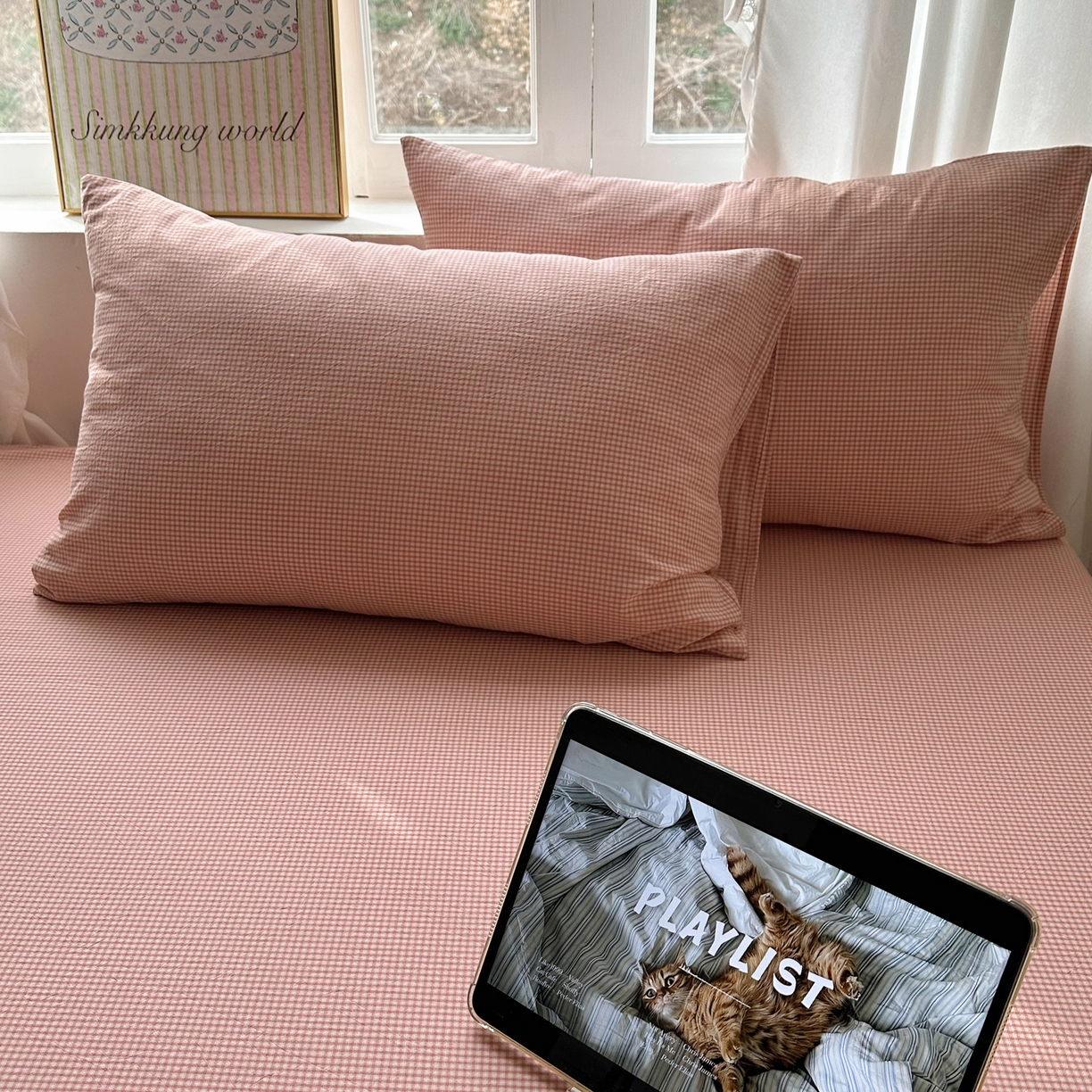 六巷胡同 2026新款A类全棉纯棉水洗棉色织格子单品枕套 枕套单件 觅影-粉格