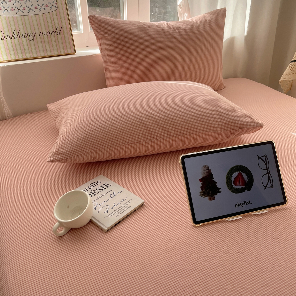 91家纺网 家纺一手货源 找家纺 六巷胡同 2026新款A类全棉纯棉水洗棉色织格子单品枕套 枕套单件 觅影-粉格