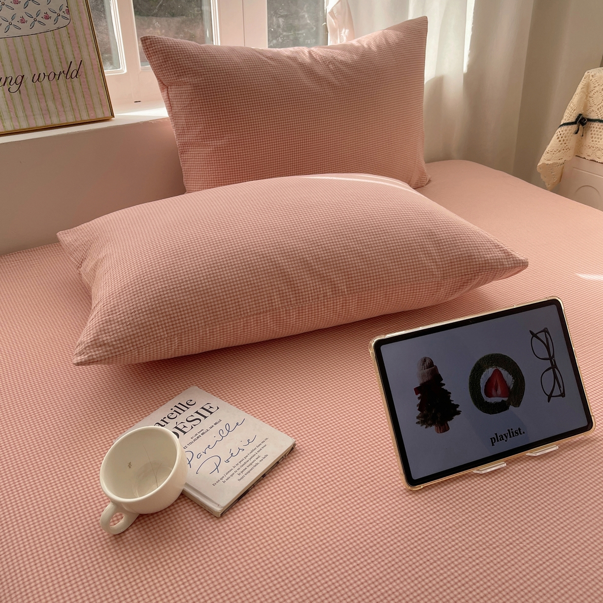 91家纺网 家纺一手货源 找家纺 六巷胡同 2026新款A类全棉纯棉水洗棉色织格子单品枕套 枕套单件 觅影-粉格