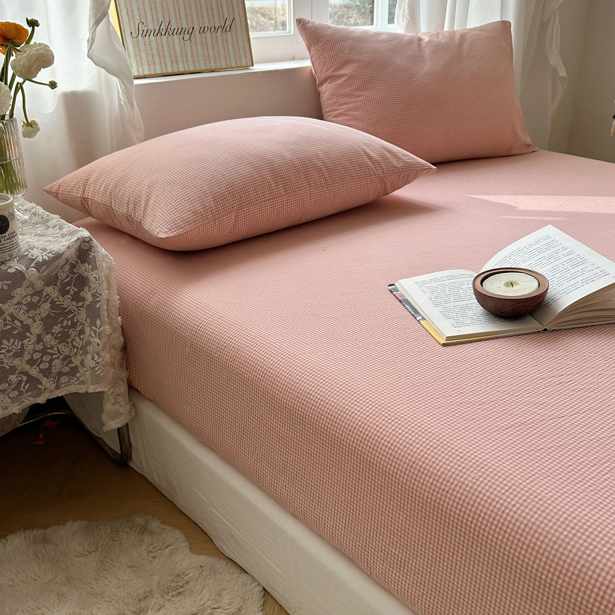 91家纺网 家纺一手货源 找家纺 六巷胡同 2026新款A类全棉纯棉水洗棉色织格子单品枕套 枕套单件 觅影-粉格