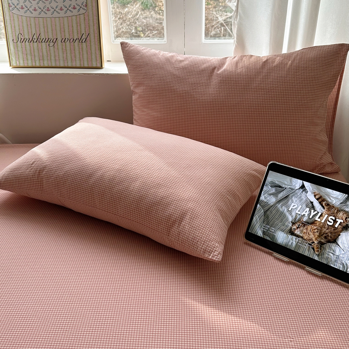 91家纺网 家纺一手货源 找家纺 六巷胡同 2026新款A类全棉纯棉水洗棉色织格子单品枕套 枕套单件 觅影-粉格