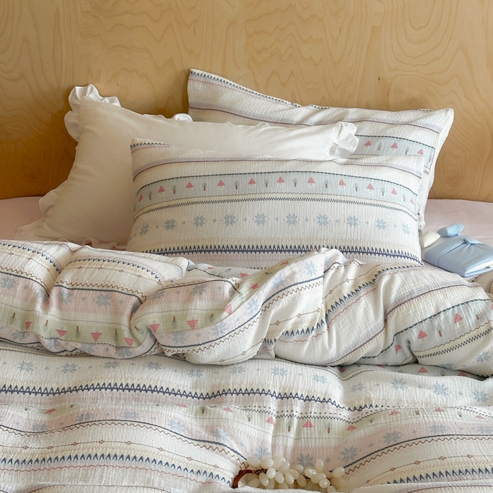 91家纺网 家纺一手货源 找家纺 玛奇朵 2026新款全棉A类双层纱皱皱纱四件套-费尔岛系列 会员-10/基础控价 298/338/358 费尔岛-粉