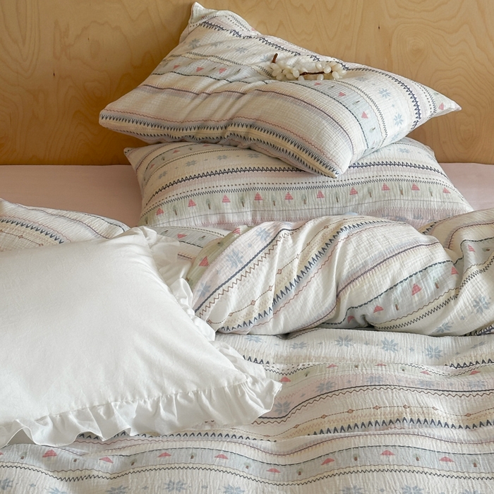 91家纺网 家纺一手货源 找家纺 （总）玛奇朵 2026新款全棉A类双层纱皱皱纱四件套-费尔岛系列 会员-10/基础控价 298/338/358