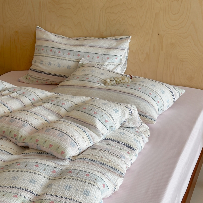 91家纺网 家纺一手货源 找家纺 玛奇朵 2026新款全棉A类双层纱皱皱纱四件套-费尔岛系列 会员-10/基础控价 298/338/358 费尔岛-粉