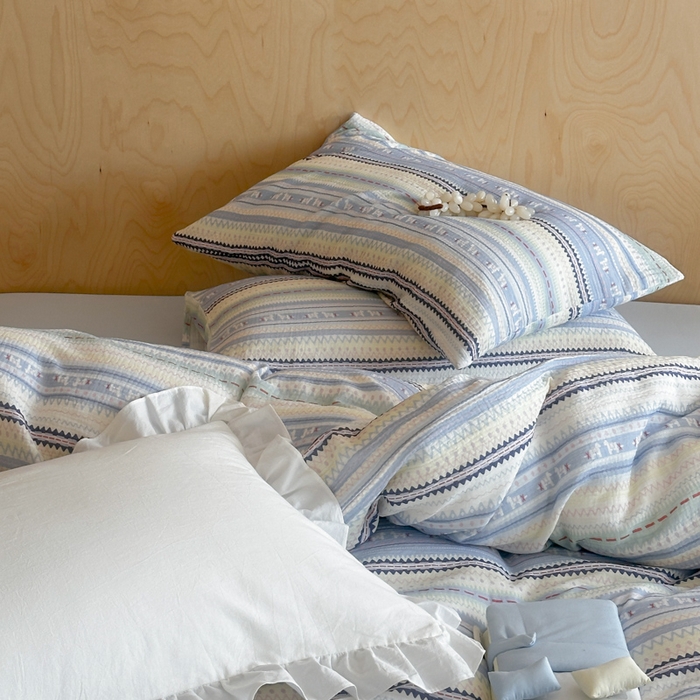 91家纺网 家纺一手货源 找家纺 玛奇朵 2026新款全棉A类双层纱皱皱纱四件套-费尔岛系列 会员-10/基础控价 298/338/358 费尔岛-蓝