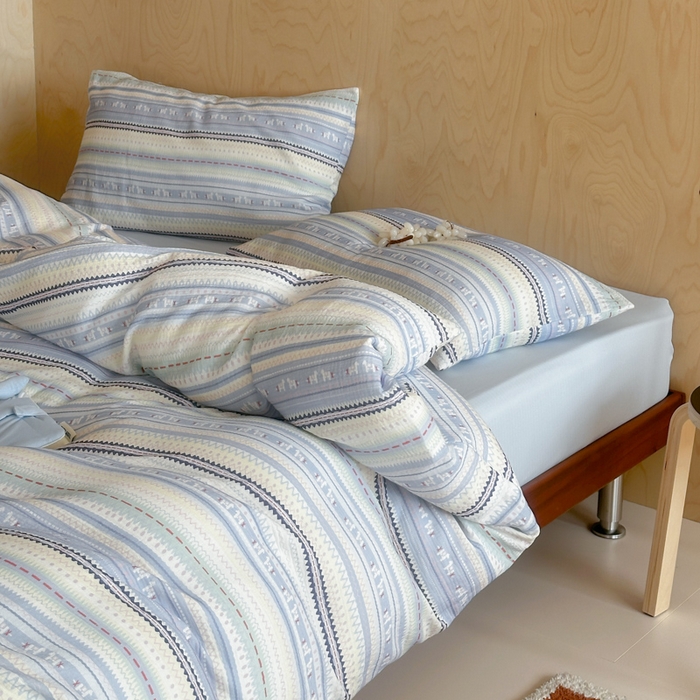 91家纺网 家纺一手货源 找家纺 玛奇朵 2026新款全棉A类双层纱皱皱纱四件套-费尔岛系列 会员-10/基础控价 298/338/358 费尔岛-蓝