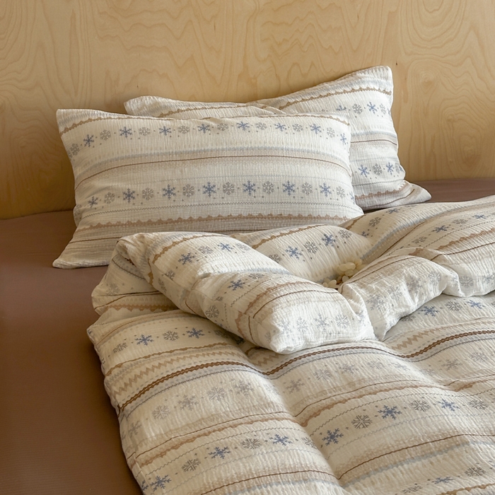 91家纺网 家纺一手货源 找家纺 玛奇朵 2026新款全棉A类双层纱皱皱纱四件套-费尔岛系列 会员-10/基础控价 298/338/358 费尔岛-咖