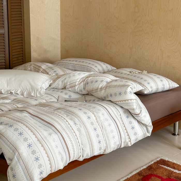 91家纺网 家纺一手货源 找家纺 玛奇朵 2026新款全棉A类双层纱皱皱纱四件套-费尔岛系列 会员-10/基础控价 298/338/358 费尔岛-咖