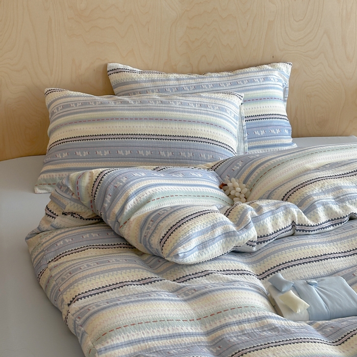 91家纺网 家纺一手货源 找家纺 玛奇朵 2026新款全棉A类双层纱皱皱纱四件套-费尔岛系列 会员-10/基础控价 298/338/358 费尔岛-蓝