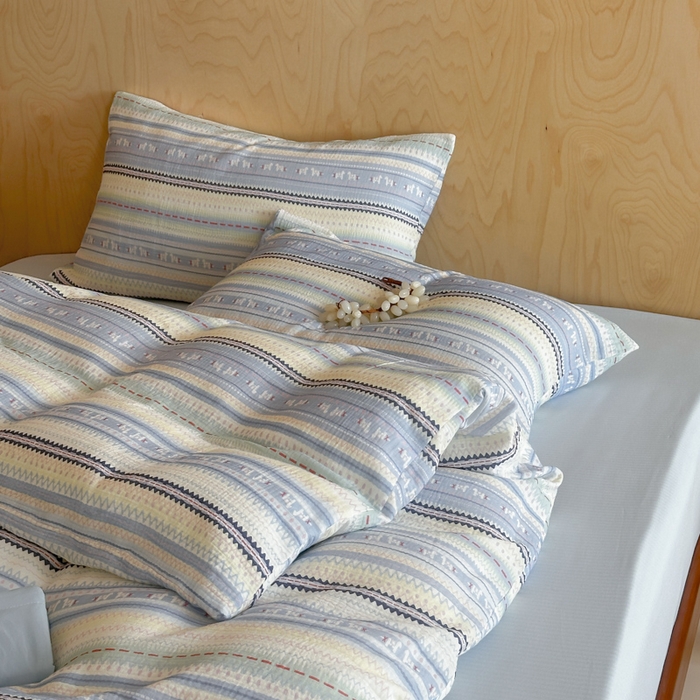 91家纺网 家纺一手货源 找家纺 玛奇朵 2026新款全棉A类双层纱皱皱纱四件套-费尔岛系列 会员-10/基础控价 298/338/358 费尔岛-蓝