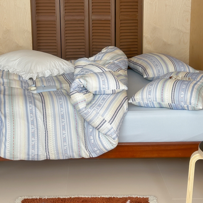 91家纺网 家纺一手货源 找家纺 玛奇朵 2026新款全棉A类双层纱皱皱纱四件套-费尔岛系列 会员-10/基础控价 298/338/358 费尔岛-蓝