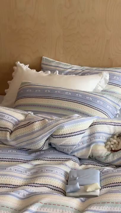 91家纺网 家纺一手货源 找家纺 玛奇朵 2026新款全棉A类双层纱皱皱纱四件套-费尔岛系列 会员-10/基础控价 298/338/358 费尔岛-蓝