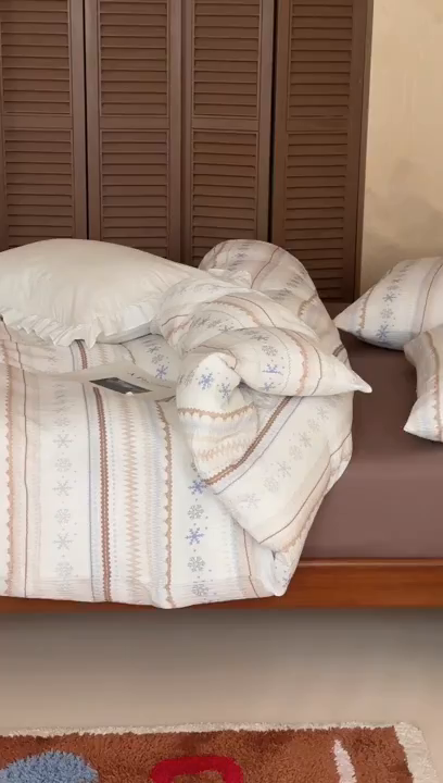 91家纺网 家纺一手货源 找家纺 玛奇朵 2026新款全棉A类双层纱皱皱纱四件套-费尔岛系列 会员-10/基础控价 298/338/358 费尔岛-咖