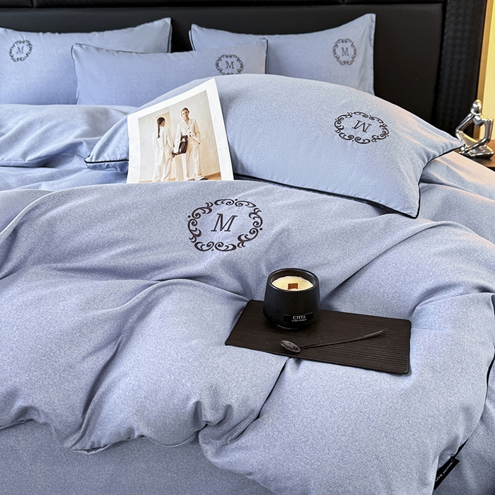 梵克保罗 2026新款加厚肌理纹碳素磨毛刺绣嵌绳轻奢四件套-慕韵 慕韵-蓝