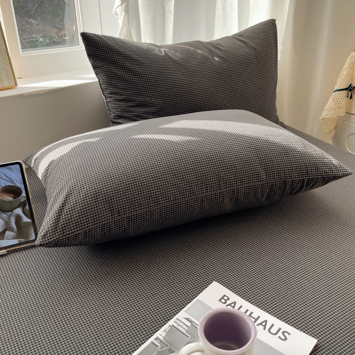 91家纺网 家纺一手货源 找家纺 六巷胡同 2026新款A类全棉纯棉水洗棉色织格子单品枕套 枕套单件 觅影-黑格