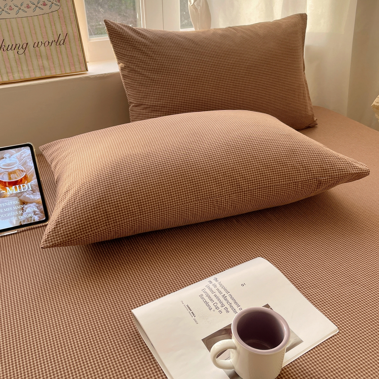 91家纺网 家纺一手货源 找家纺 六巷胡同 2026新款A类全棉纯棉水洗棉色织格子单品枕套 枕套单件 觅影-咖格