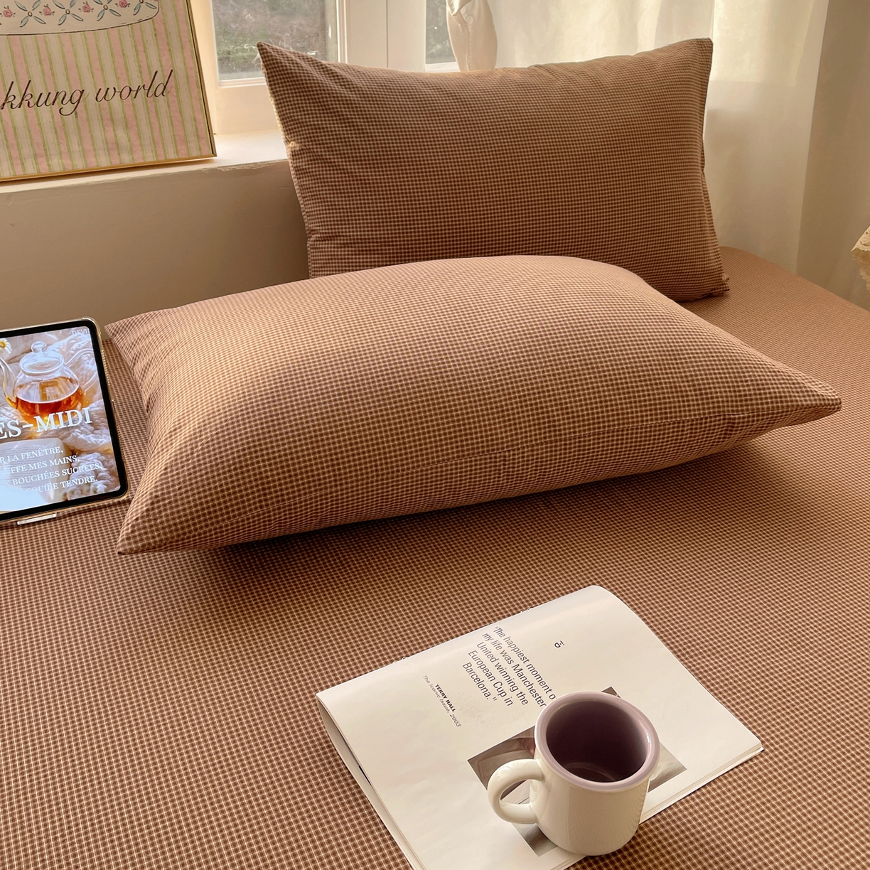 91家纺网 家纺一手货源 找家纺 六巷胡同 2026新款A类全棉纯棉水洗棉色织格子单品枕套 枕套单件 觅影-咖格