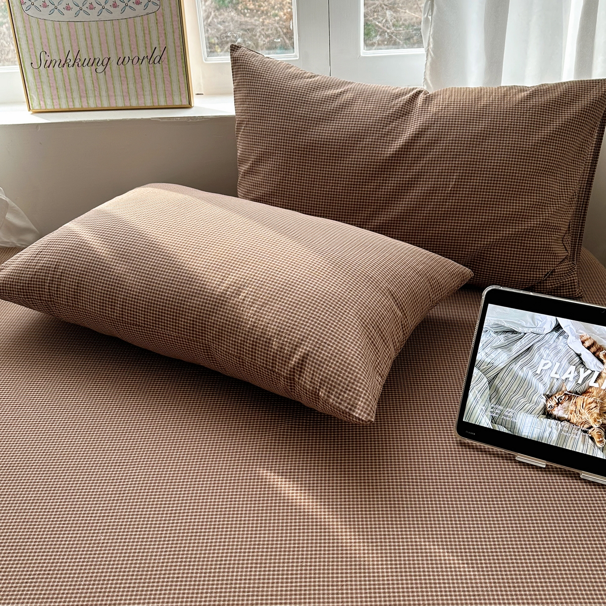 91家纺网 家纺一手货源 找家纺 六巷胡同 2026新款A类全棉纯棉水洗棉色织格子单品枕套 枕套单件 觅影-咖格