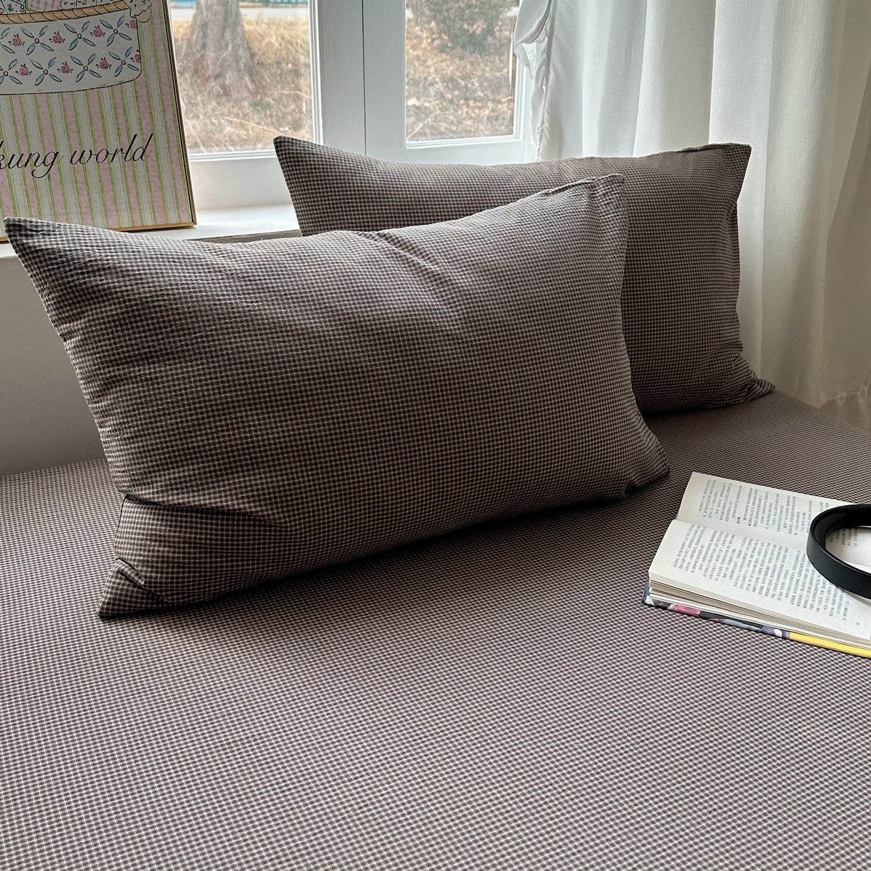 91家纺网 家纺一手货源 找家纺 六巷胡同 2026新款A类全棉纯棉水洗棉色织格子单品枕套 枕套单件 觅影-棕格