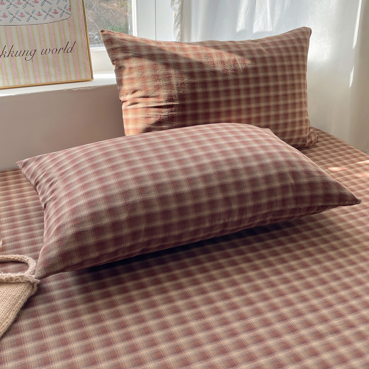 91家纺网 家纺一手货源 找家纺 六巷胡同 2026新款A类全棉纯棉水洗棉色织格子单品枕套 枕套单件 巷往-红格