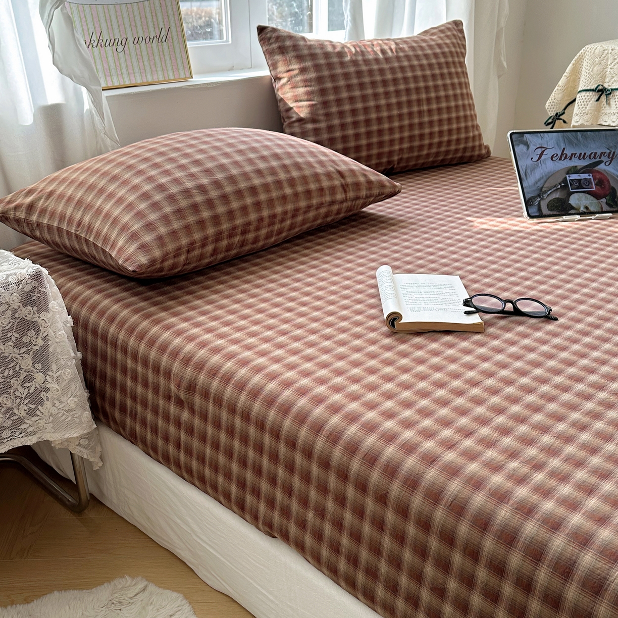 91家纺网 家纺一手货源 找家纺 六巷胡同 2026新款A类全棉纯棉水洗棉色织格子单品枕套 枕套单件 巷往-红格