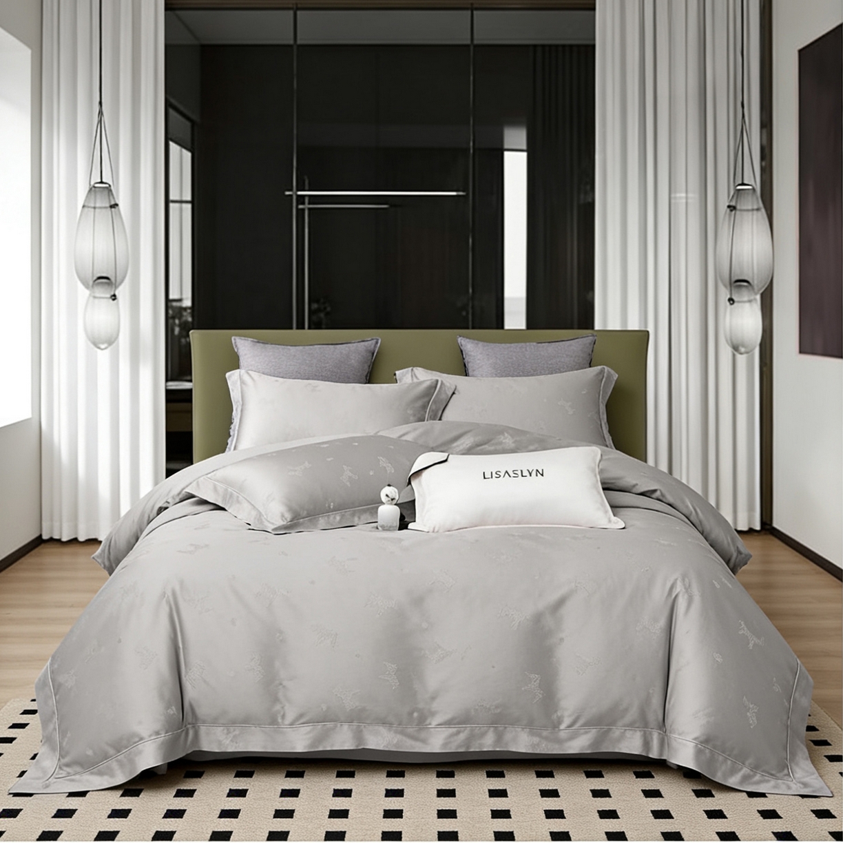 栩裕纺织 2026新款100支全棉提花四件套 马到成功 月光灰