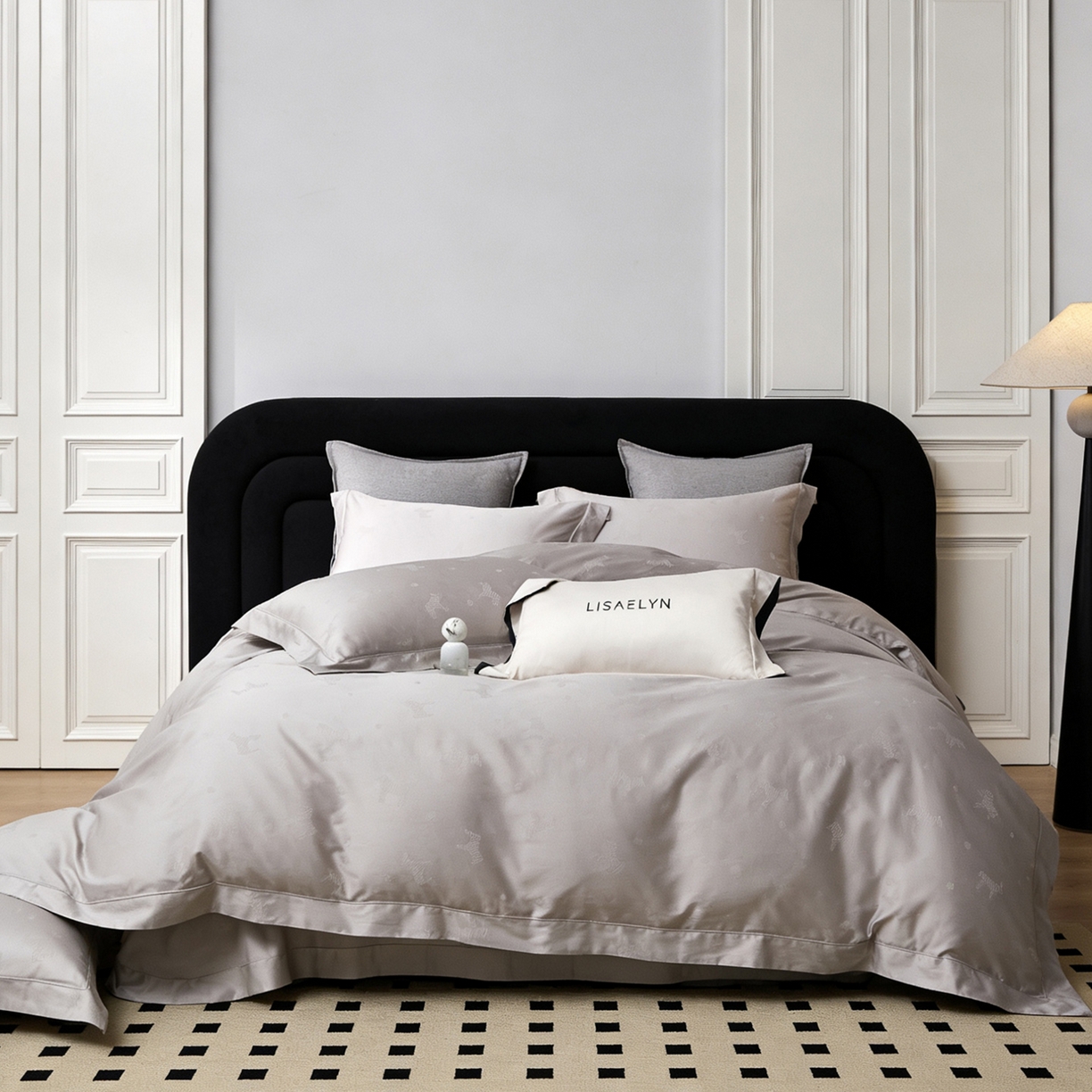 91家纺网 家纺一手货源 找家纺 栩裕纺织 2026新款100支全棉提花四件套 马到成功 月光灰