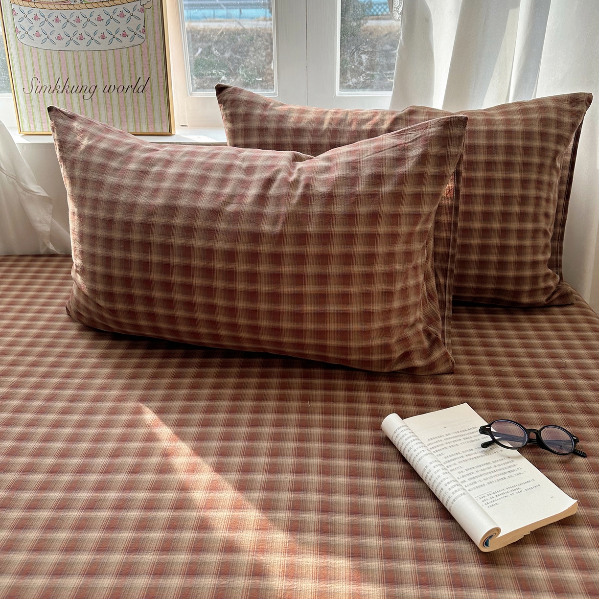91家纺网 家纺一手货源 找家纺 六巷胡同 2026新款A类全棉纯棉水洗棉色织格子单品枕套 枕套单件 巷往-红格