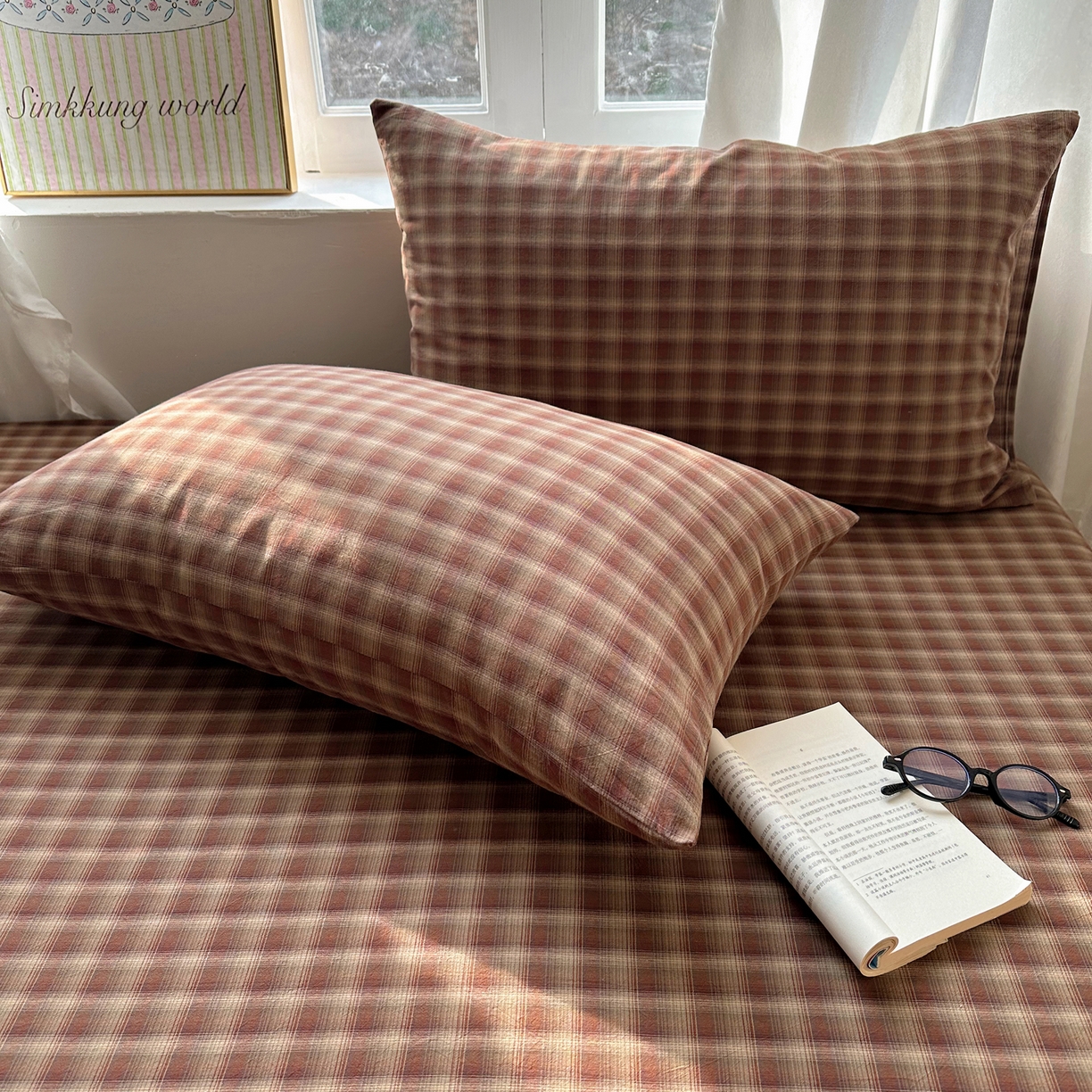 91家纺网 家纺一手货源 找家纺 六巷胡同 2026新款A类全棉纯棉水洗棉色织格子单品枕套 枕套单件 巷往-红格