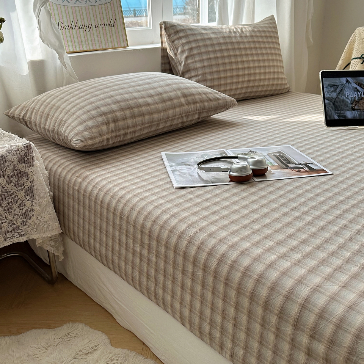 91家纺网 家纺一手货源 找家纺 六巷胡同 2026新款A类全棉纯棉水洗棉色织格子单品枕套 枕套单件 巷往-灰格