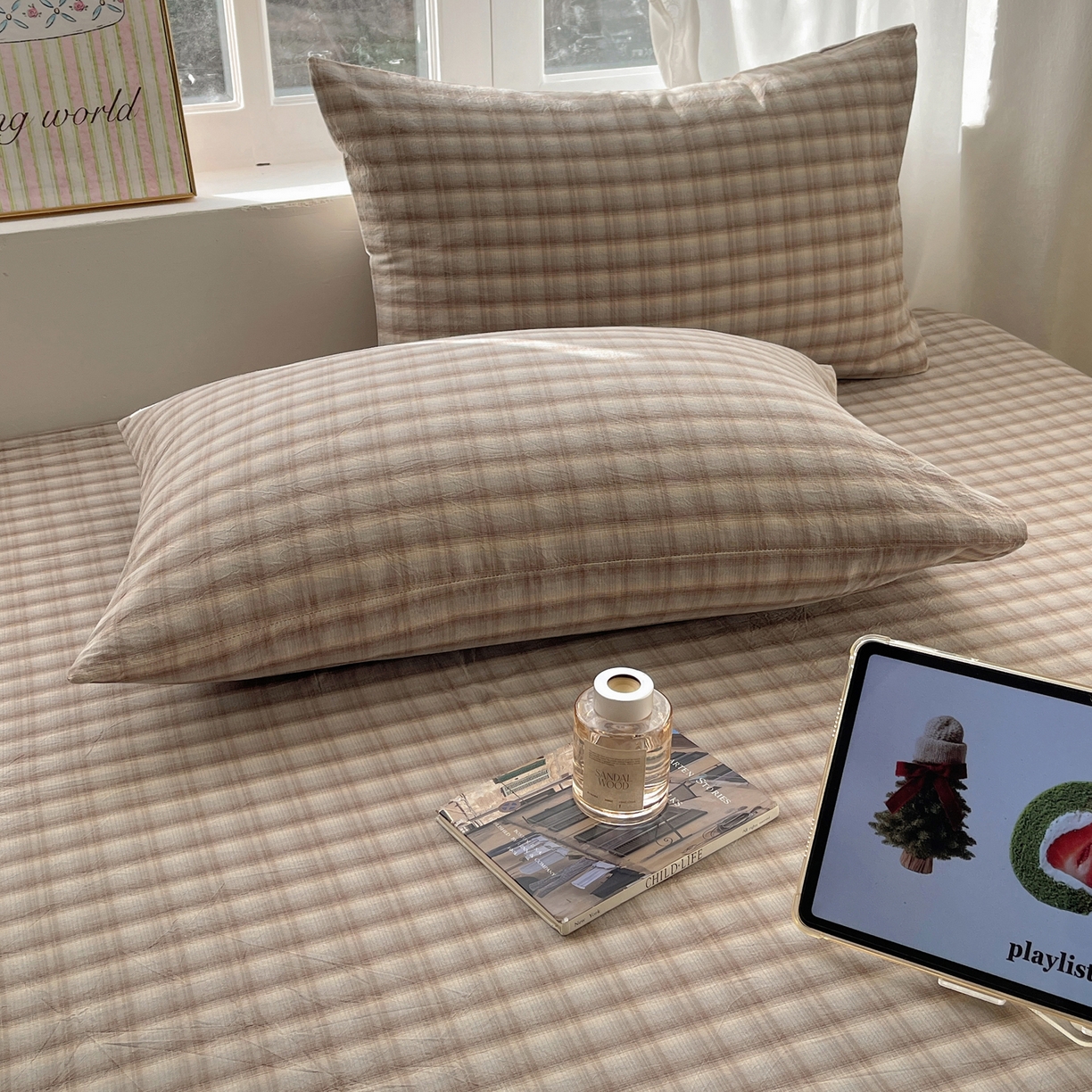 91家纺网 家纺一手货源 找家纺 六巷胡同 2026新款A类全棉纯棉水洗棉色织格子单品枕套 枕套单件 巷往-灰格