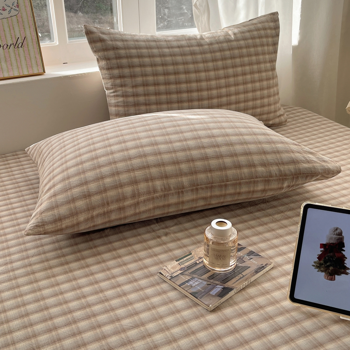 91家纺网 家纺一手货源 找家纺 六巷胡同 2026新款A类全棉纯棉水洗棉色织格子单品枕套 枕套单件 巷往-灰格