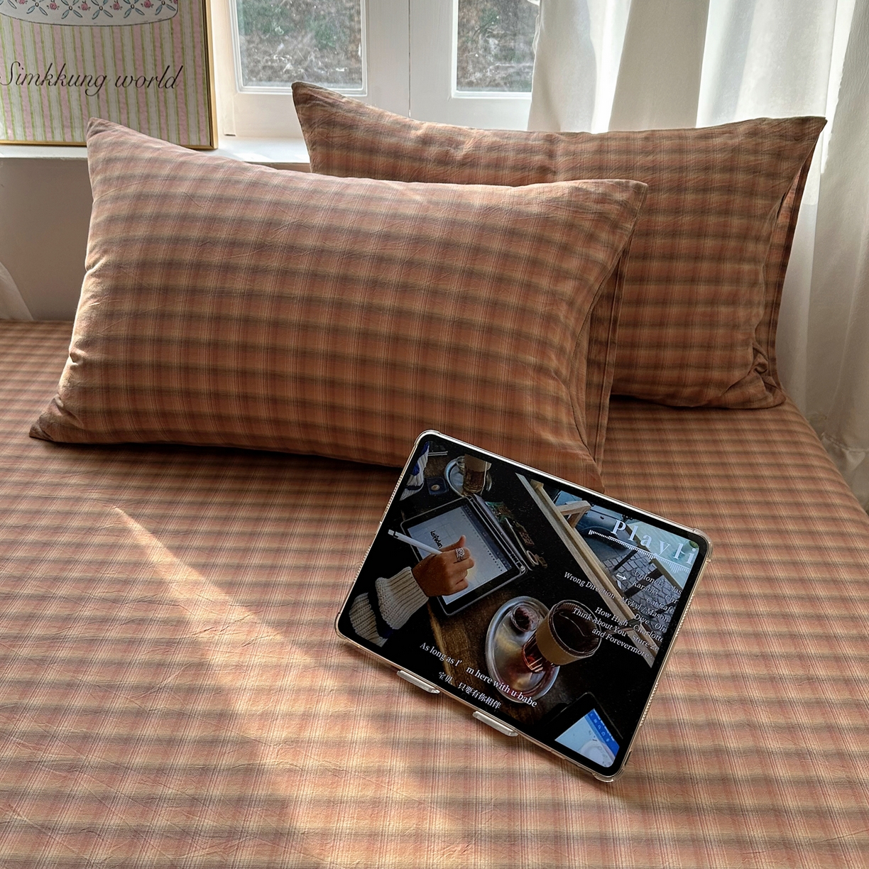 六巷胡同 2026新款A类全棉纯棉水洗棉色织格子单品枕套 枕套单件 巷往-橘格