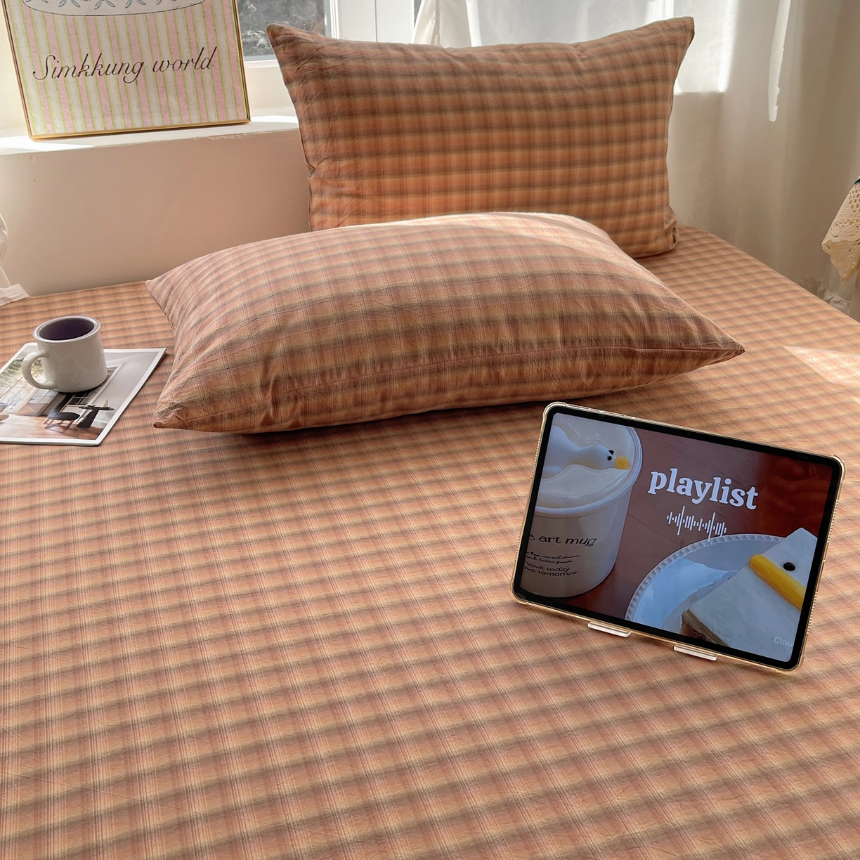 91家纺网 家纺一手货源 找家纺 六巷胡同 2026新款A类全棉纯棉水洗棉色织格子单品枕套 枕套单件 巷往-橘格