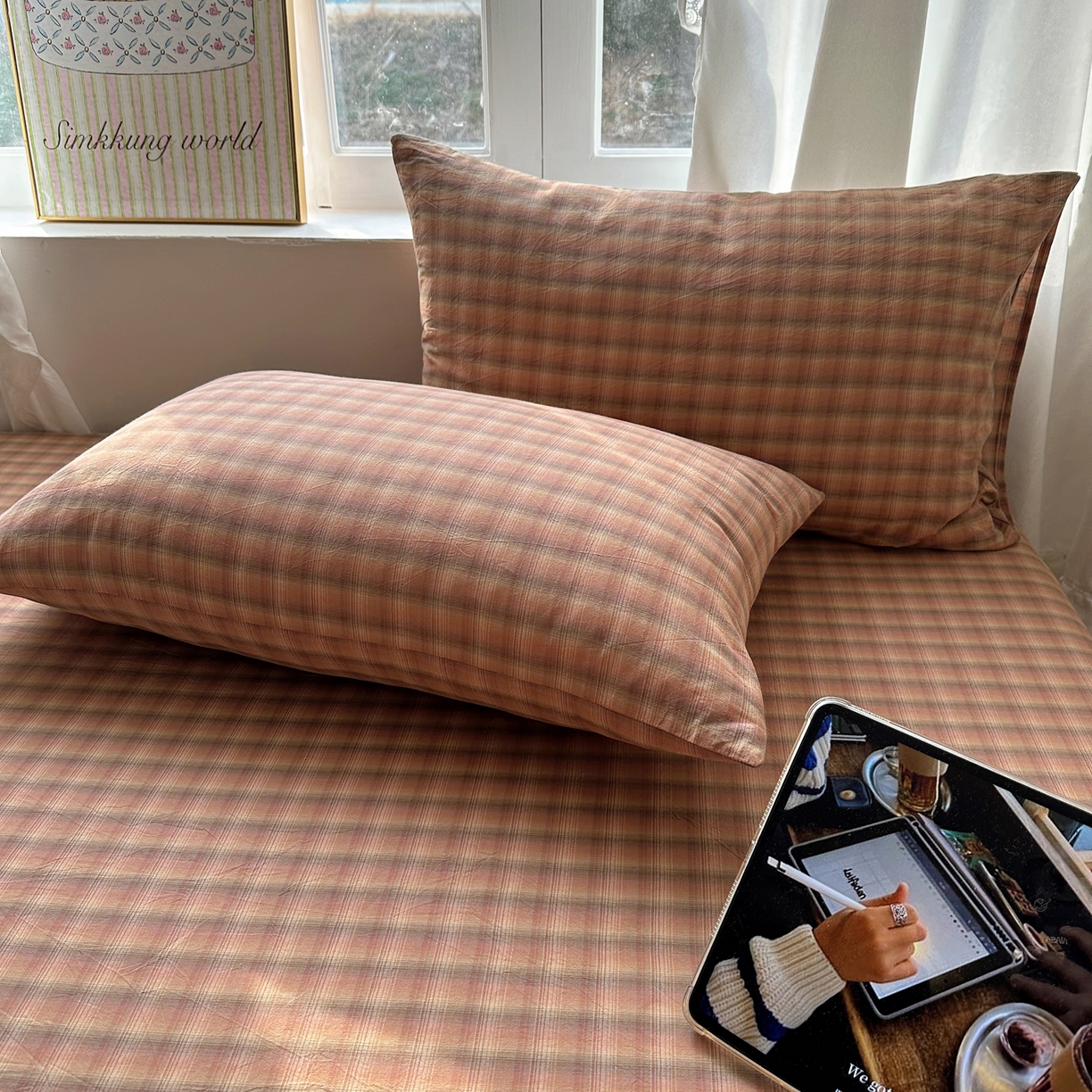 91家纺网 家纺一手货源 找家纺 六巷胡同 2026新款A类全棉纯棉水洗棉色织格子单品枕套 枕套单件 巷往-橘格