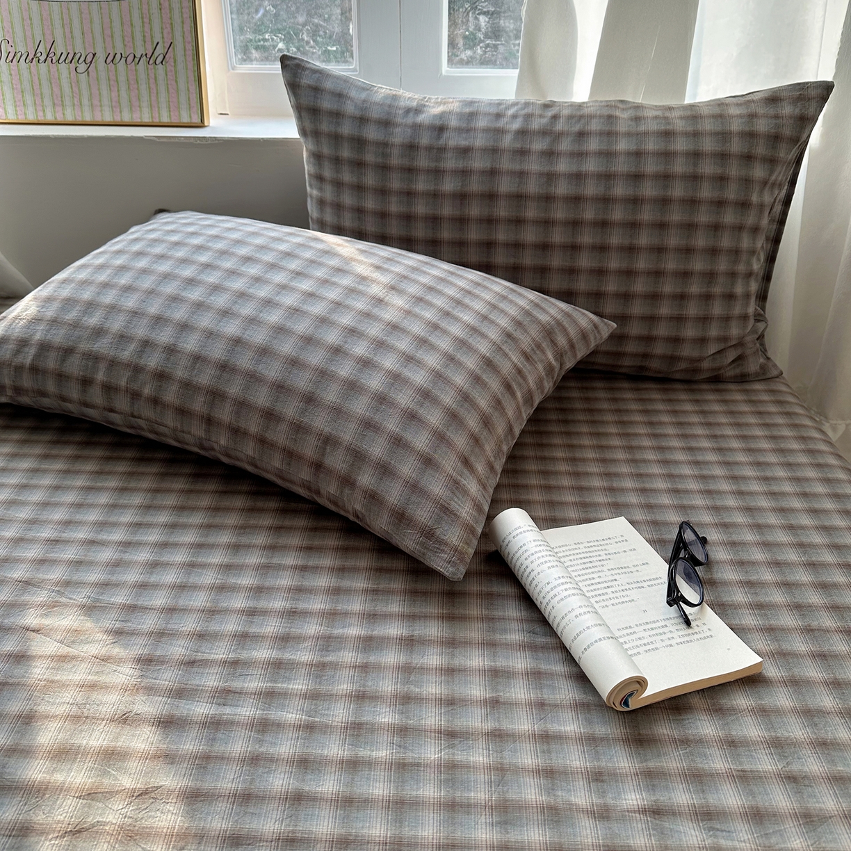 91家纺网 家纺一手货源 找家纺 六巷胡同 2026新款A类全棉纯棉水洗棉色织格子单品枕套 枕套单件 巷往-蓝格