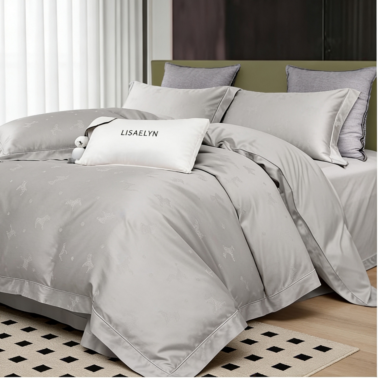 91家纺网 家纺一手货源 找家纺 栩裕纺织 2026新款100支全棉提花四件套 马到成功 月光灰